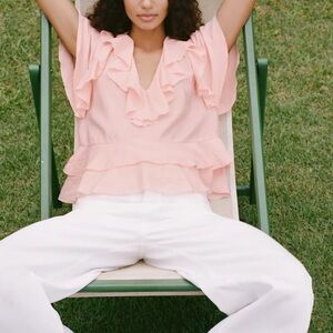 Zara Ruffled Blouse V neck Short sleeves Pastel Pink NWT